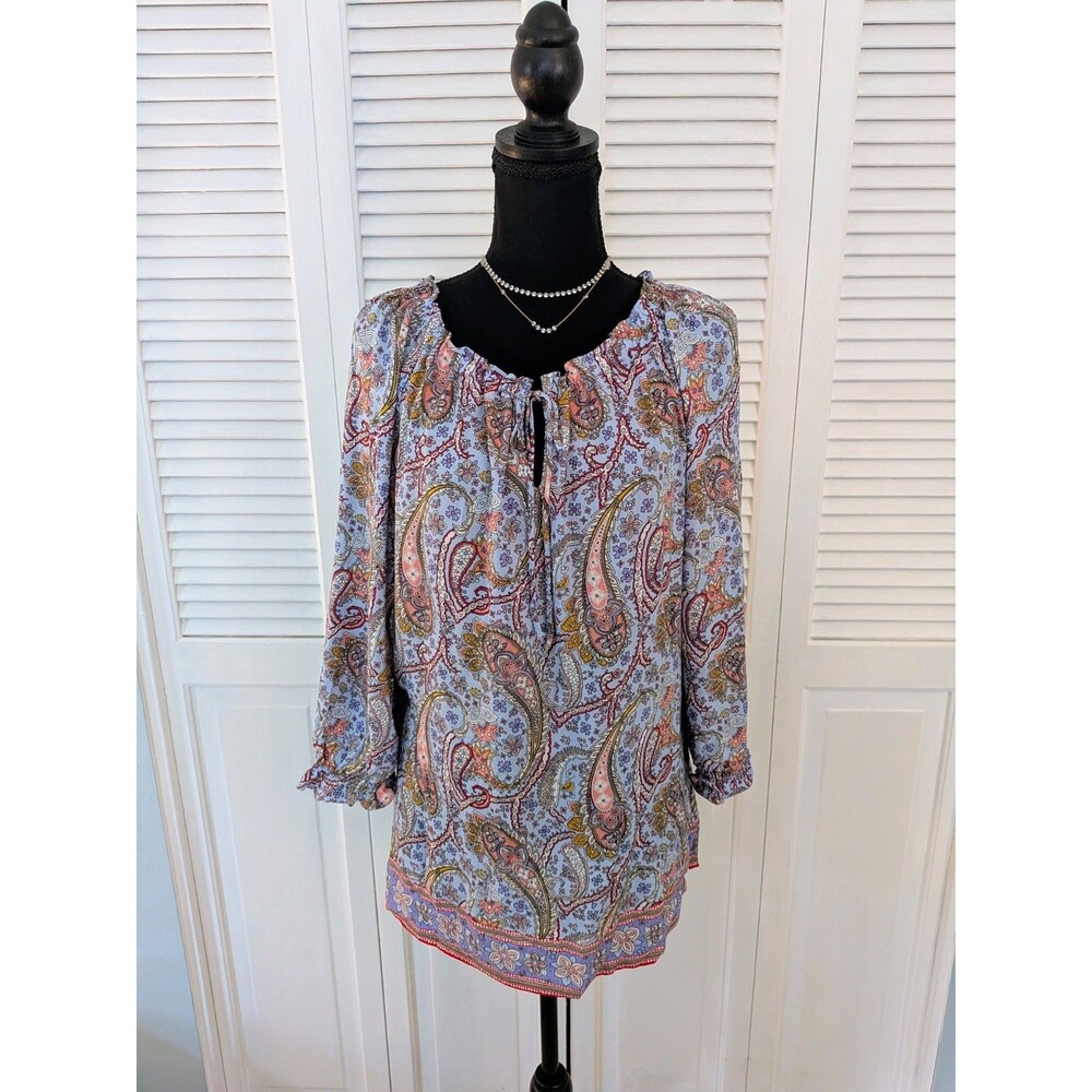 Talbots Blouse Womens M Blue Red Tunic Ruffle Tie Lightweight Boho Top Paisley